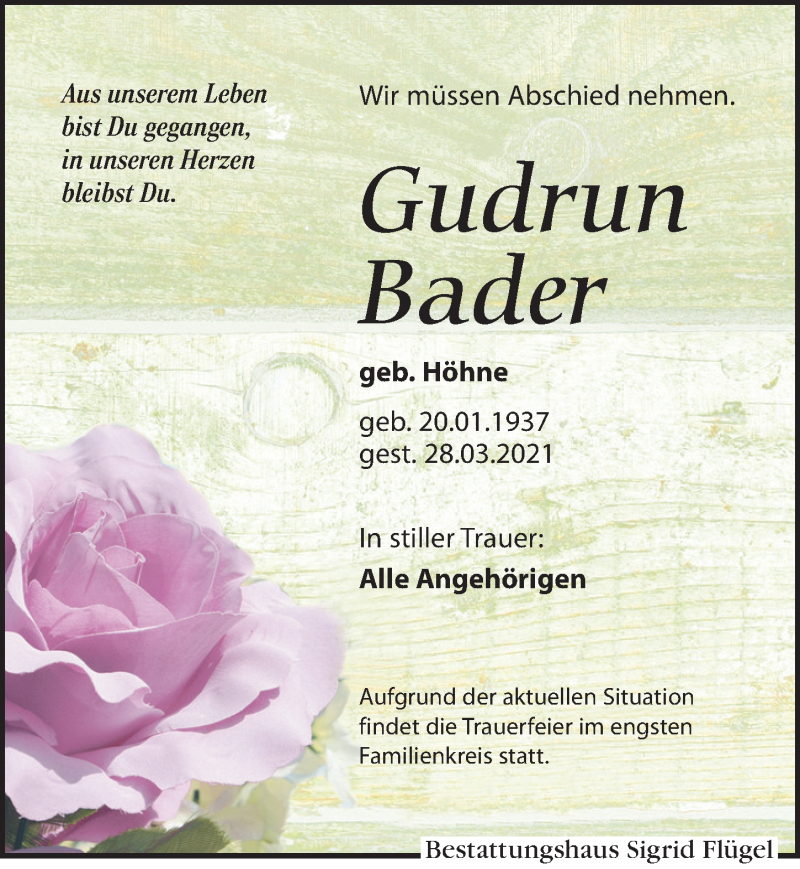  Traueranzeige für Gudrun Bader vom 10.04.2021 aus Leipziger Volkszeitung