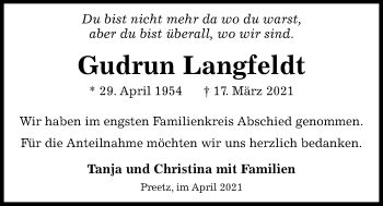 Traueranzeige von Gudrun Langfeldt von Kieler Nachrichten