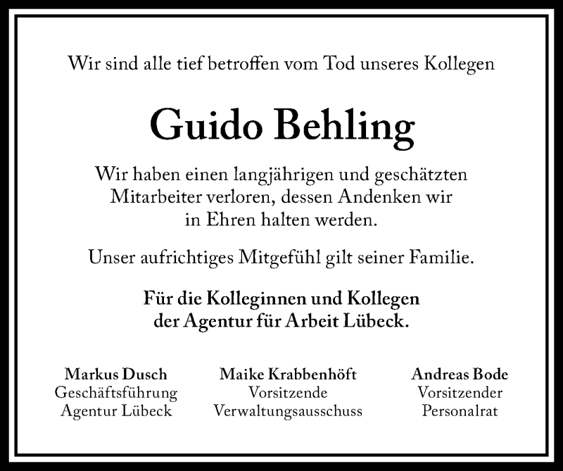  Traueranzeige für Guido Behling vom 18.04.2021 aus Lübecker Nachrichten