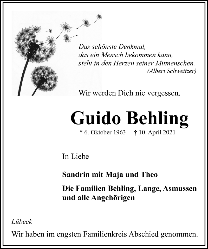  Traueranzeige für Guido Behling vom 18.04.2021 aus Lübecker Nachrichten