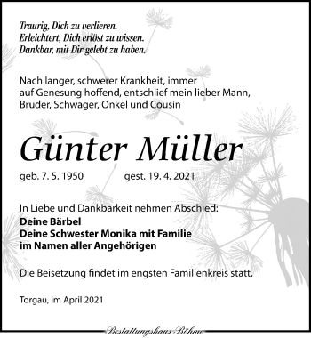 Traueranzeige von Günter Müller von Torgauer Zeitung