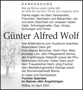 Traueranzeige von Günter Alfred Wolf von Leipziger Volkszeitung
