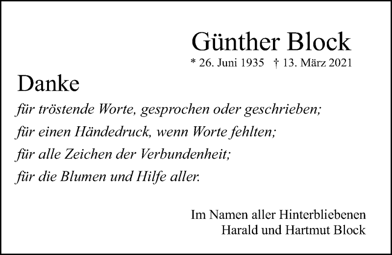  Traueranzeige für Günther Block vom 10.04.2021 aus Ostsee-Zeitung GmbH