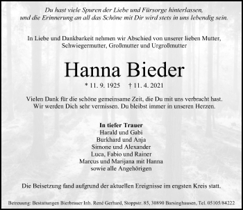 Traueranzeige von Hanna Bieder von Hannoversche Allgemeine Zeitung/Neue Presse