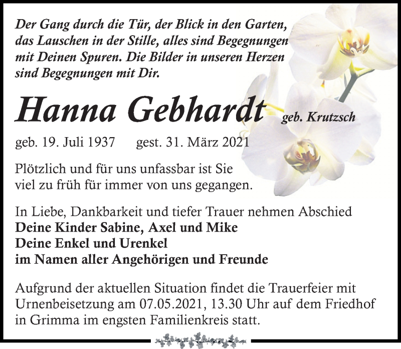  Traueranzeige für Hanna Gebhardt vom 17.04.2021 aus Leipziger Volkszeitung