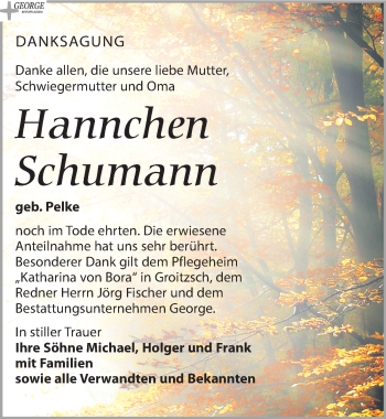 Traueranzeige von Hannchen Schumann von Leipziger Volkszeitung
