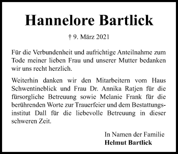 Traueranzeige von Hannelore Bartlick von Kieler Nachrichten