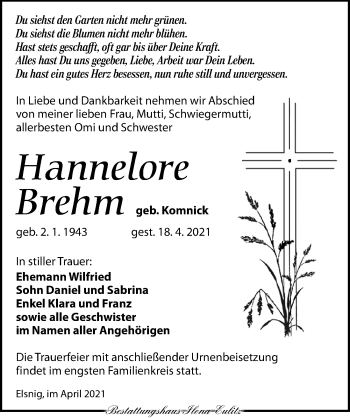 Traueranzeige von Hannelore Brehm von Torgauer Zeitung