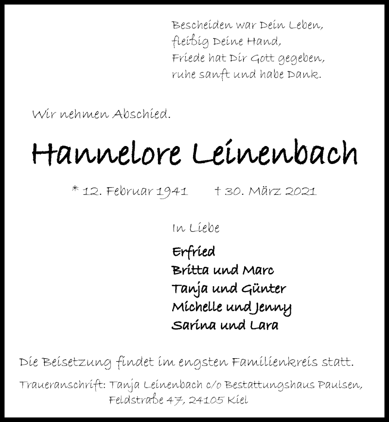  Traueranzeige für Hannelore Leinenbach vom 03.04.2021 aus Kieler Nachrichten