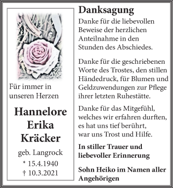 Traueranzeige von Hannelore Erika Kräcker von Leipziger Volkszeitung