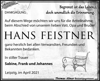 Traueranzeige von Hans Feistner von Leipziger Volkszeitung