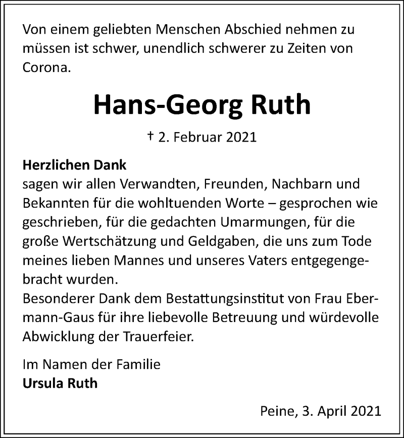  Traueranzeige für Hans-Georg Ruth vom 03.04.2021 aus Peiner Allgemeine Zeitung