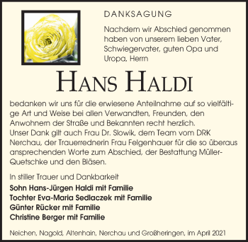 Traueranzeige von Hans Haldi von Leipziger Volkszeitung