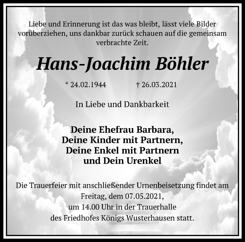  Traueranzeige für Hans-Joachim Böhler vom 03.04.2021 aus Märkischen Allgemeine Zeitung