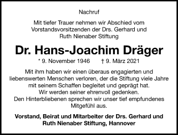 Traueranzeige von Hans-Joachim Dräger von Hannoversche Allgemeine Zeitung/Neue Presse