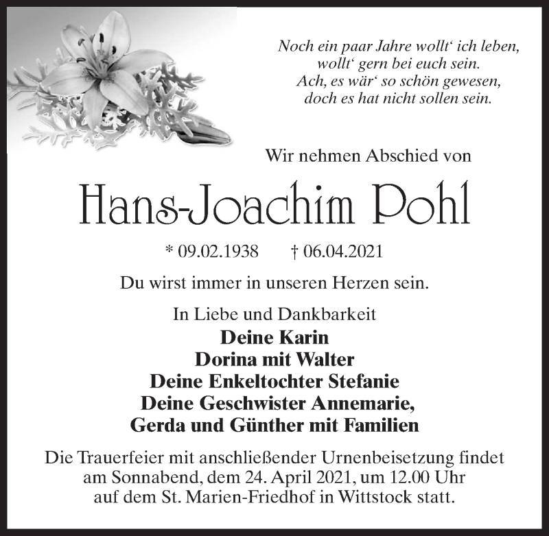  Traueranzeige für Hans-Joachim Pohl vom 10.04.2021 aus Märkischen Allgemeine Zeitung