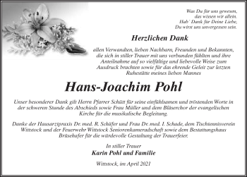 Traueranzeige von Hans-Joachim Pohl von Märkischen Allgemeine Zeitung