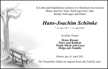 Traueranzeige von Hans-Joachim Schönke von Ostsee-Zeitung GmbH