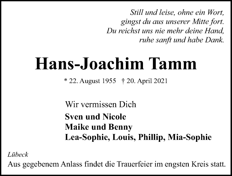  Traueranzeige für Hans-Joachim Tamm vom 25.04.2021 aus Lübecker Nachrichten