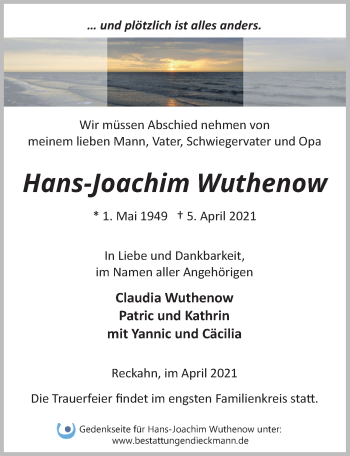 Traueranzeige von Hans-Joachim Wuthenow von Märkischen Allgemeine Zeitung