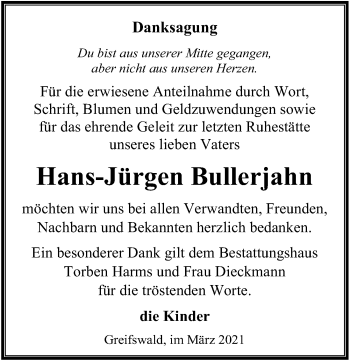 Traueranzeige von Hans-Jürgen Bullerjahn von Ostsee-Zeitung GmbH