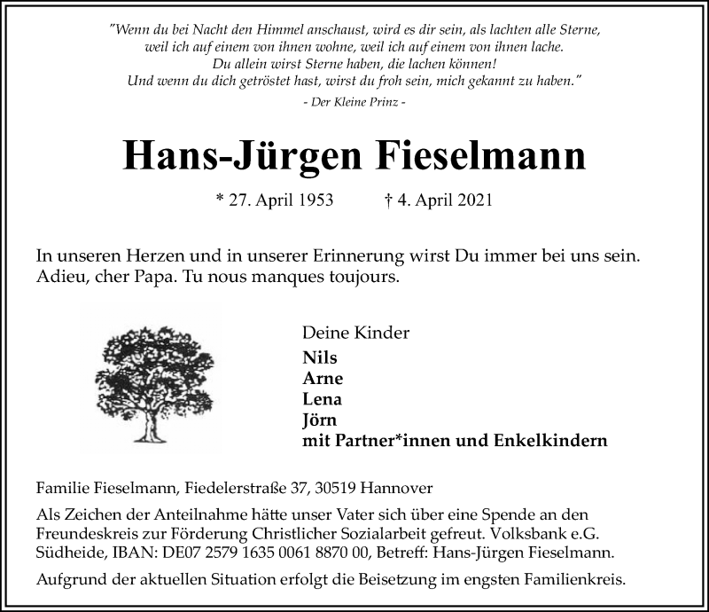  Traueranzeige für Hans-Jürgen Fieselmann vom 10.04.2021 aus Hannoversche Allgemeine Zeitung/Neue Presse