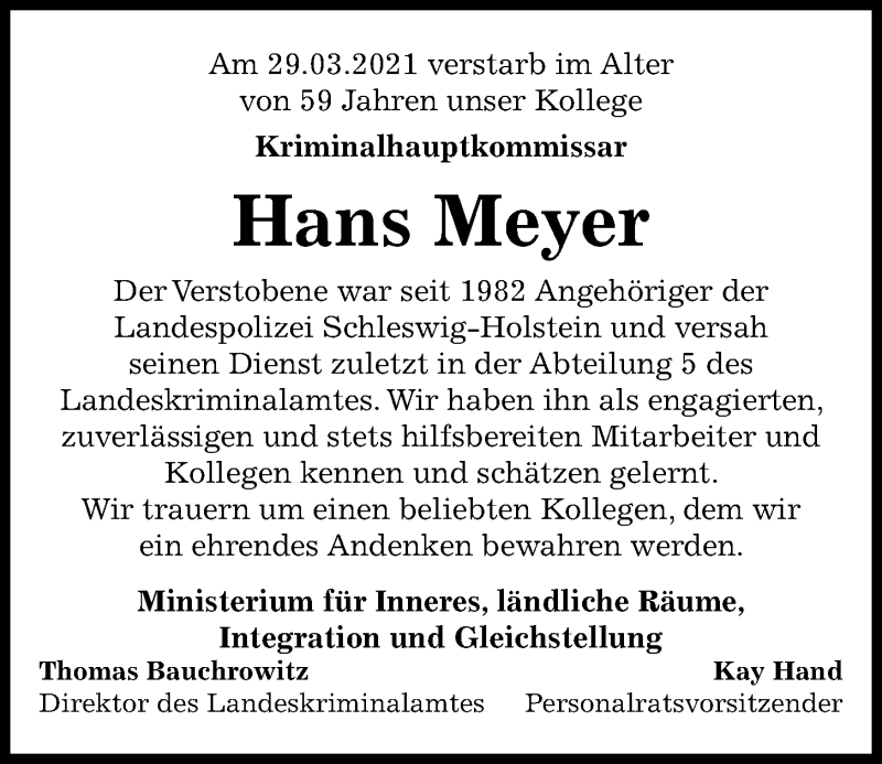  Traueranzeige für Hans Meyer vom 07.04.2021 aus Kieler Nachrichten