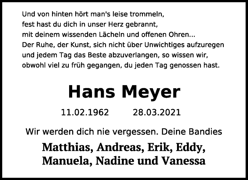 Traueranzeige für Hans Meyer vom 07.04.2021 aus Kieler Nachrichten
