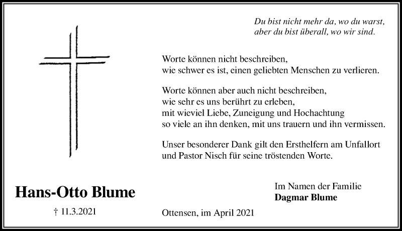  Traueranzeige für Hans-Otto Blume vom 10.04.2021 aus Schaumburger Nachrichten