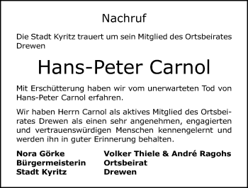 Traueranzeige von Hans-Peter Carnol von Märkischen Allgemeine Zeitung