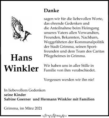 Traueranzeige von Hans Winkler von Leipziger Volkszeitung
