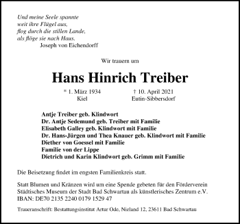 Traueranzeige von Hans Hinrich Treiber von Lübecker Nachrichten