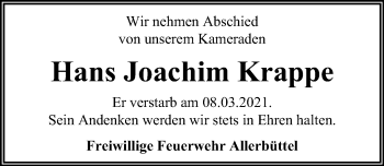 Traueranzeige von Hans Joachim Krappe von Aller Zeitung