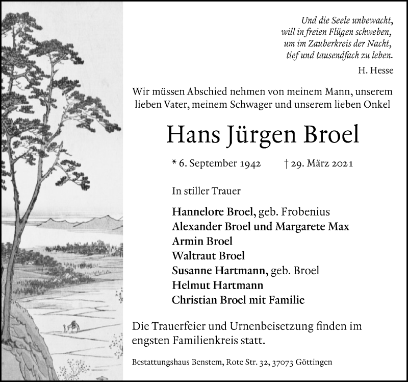  Traueranzeige für Hans Jürgen Broel vom 10.04.2021 aus Göttinger Tageblatt