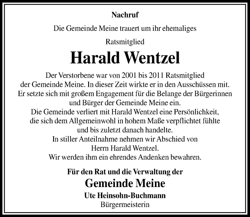  Traueranzeige für Harald Wentzel vom 09.04.2021 aus Aller Zeitung