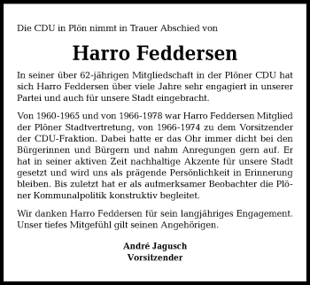 Traueranzeige von Harro Feddersen von Kieler Nachrichten