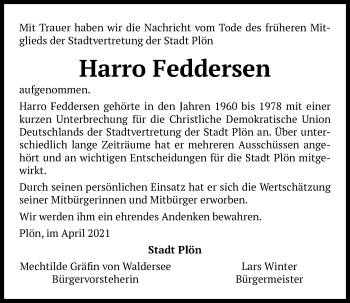 Traueranzeige von Harro Feddersen von Kieler Nachrichten