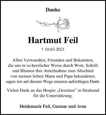 Traueranzeige von Hartmut Feil von Ostsee-Zeitung GmbH