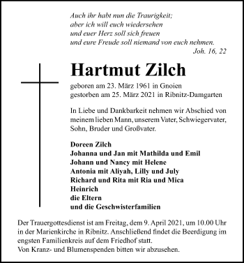 Traueranzeige von Hartmut Zilch von Ostsee-Zeitung GmbH