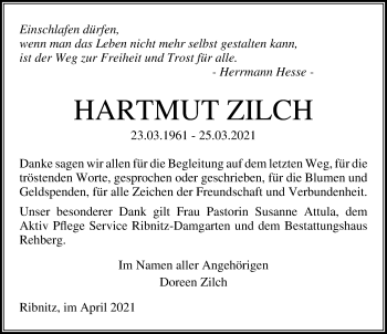 Traueranzeige von Hartmut Zilch von Ostsee-Zeitung GmbH