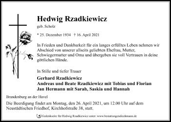 Traueranzeige von Hedwig Rzadkiewicz von Märkischen Allgemeine Zeitung