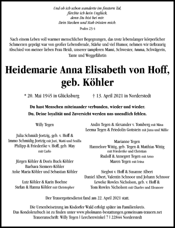 Traueranzeige von Heidemarie Anna Elisabeth von Hoff von Lübecker Nachrichten