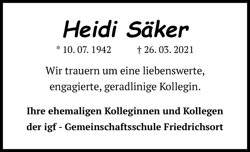  Traueranzeige für Heidi Säker vom 24.04.2021 aus Kieler Nachrichten