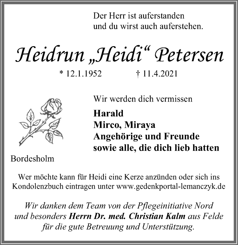  Traueranzeige für Heidrun Petersen vom 17.04.2021 aus Kieler Nachrichten