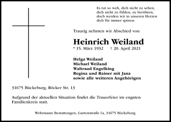 Traueranzeige von Heinrich Weiland von Schaumburger Nachrichten