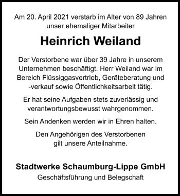 Traueranzeige von Heinrich Weiland von Schaumburger Nachrichten