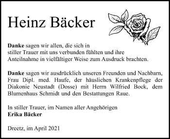 Traueranzeige von Heinz Bäcker von Märkischen Allgemeine Zeitung