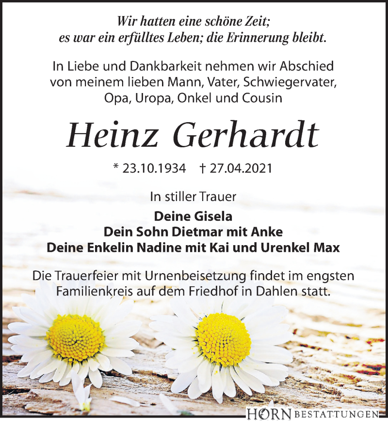  Traueranzeige für Heinz Gerhardt vom 30.04.2021 aus Leipziger Volkszeitung