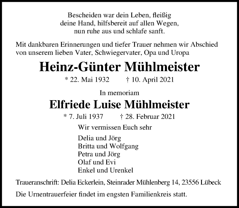 Traueranzeige für Heinz-Günter Mühlmeister vom 18.04.2021 aus Lübecker Nachrichten