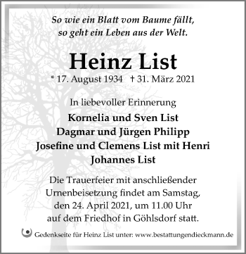 Traueranzeige von Heinz List von Märkischen Allgemeine Zeitung